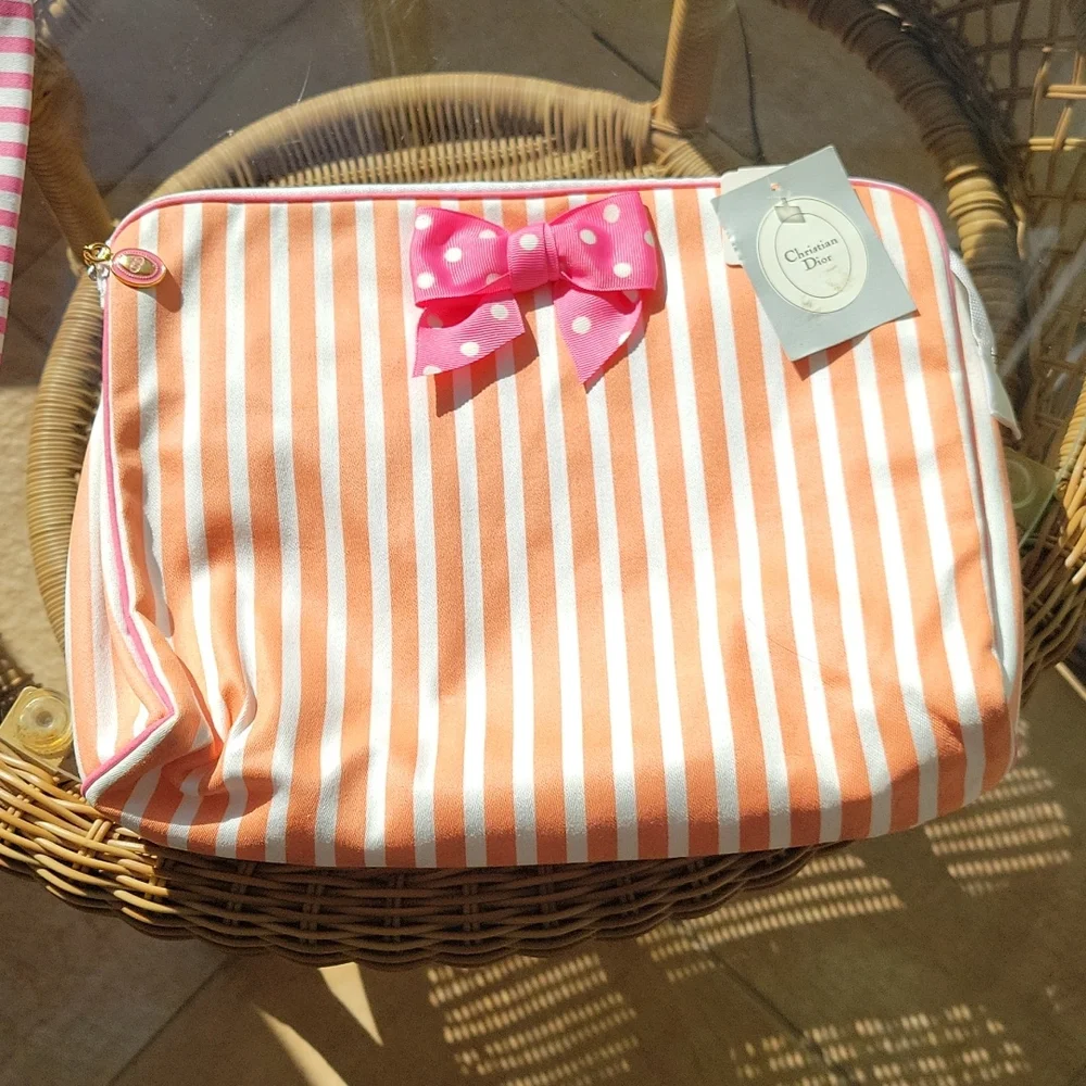 Christian Dior rare vintage pink and peach striped cosmetic bags, 2 piece